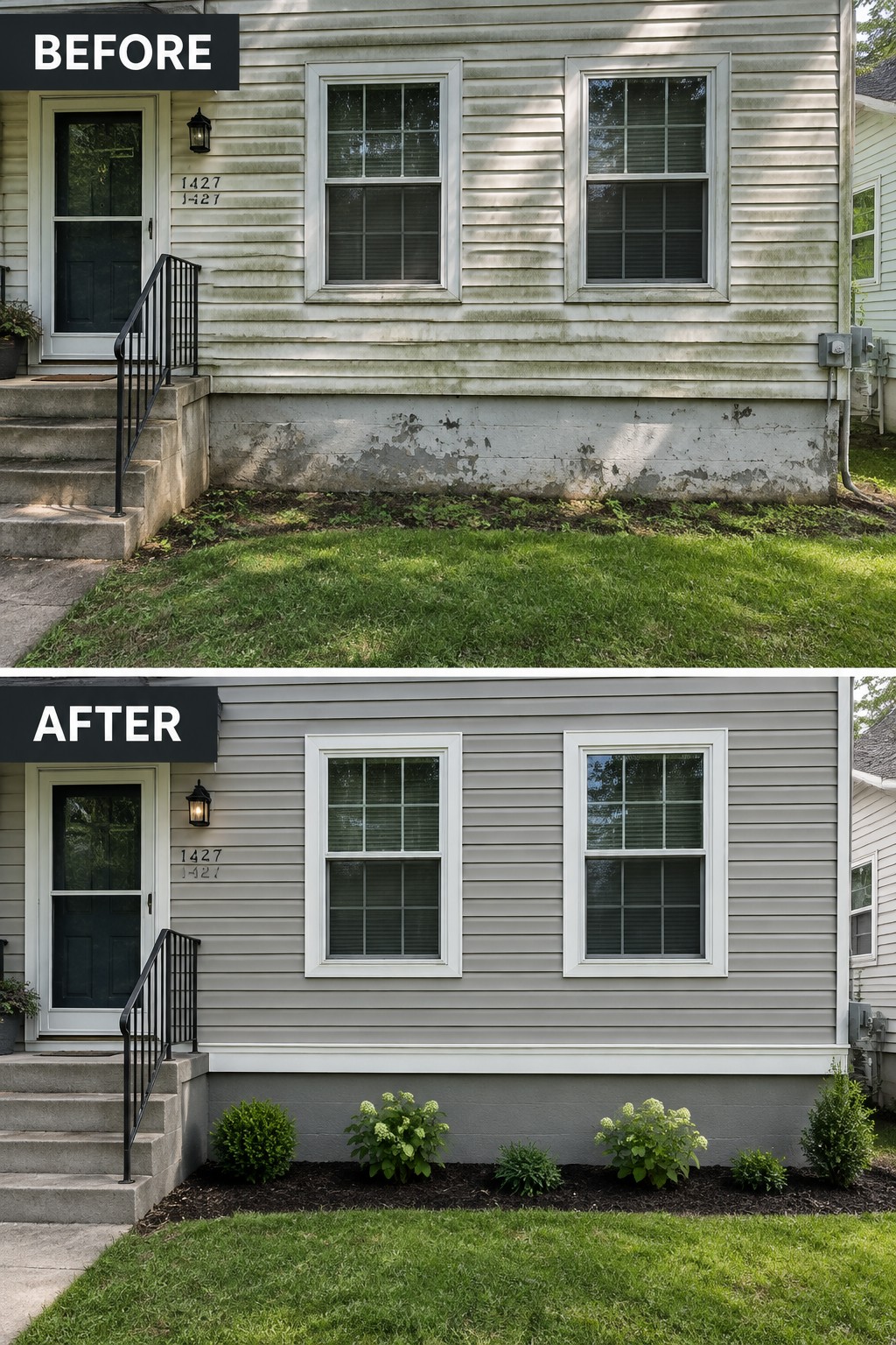 Before-and-after image of a house exterior showing faded light siding changed to fresh gray vinyl siding with white trim and new foundation shrubs.