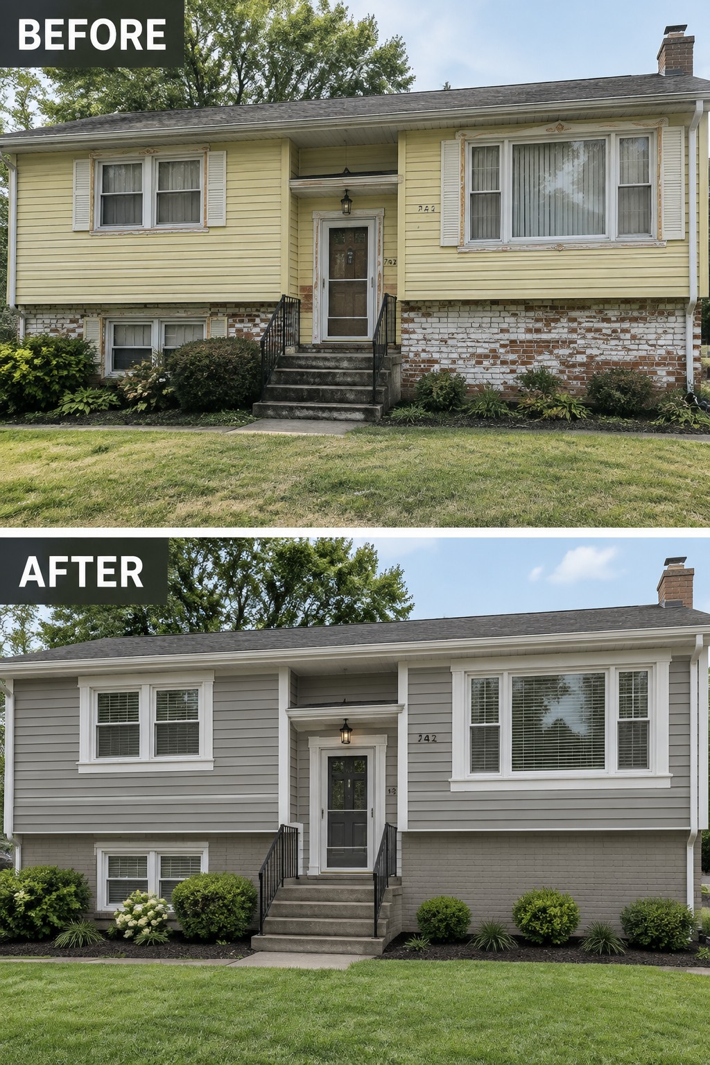 Before and after house exterior painted from yellow to modern gray siding