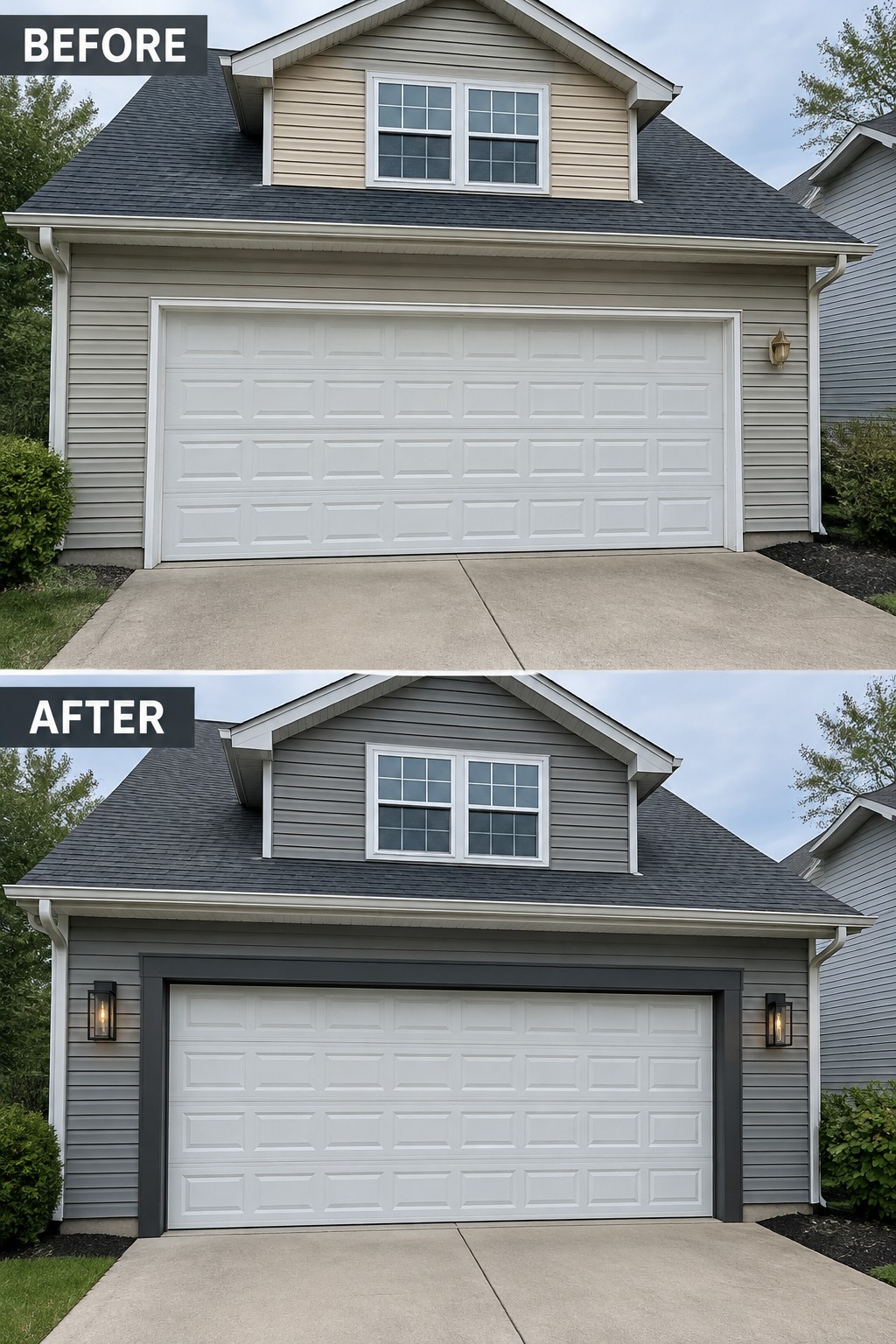 Before-and-after image of a house exterior showing light beige vinyl siding changed to gray siding with a white garage door framed in dark modern trim and new wall lights added.