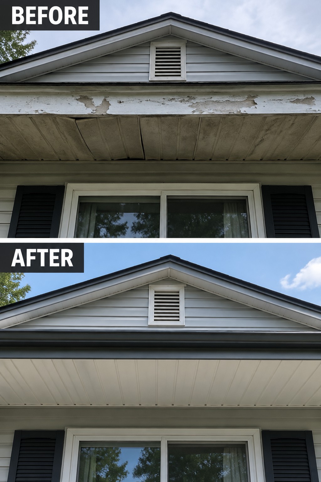 Before-and-after house gable with peeling paint repaired on white trim and siding