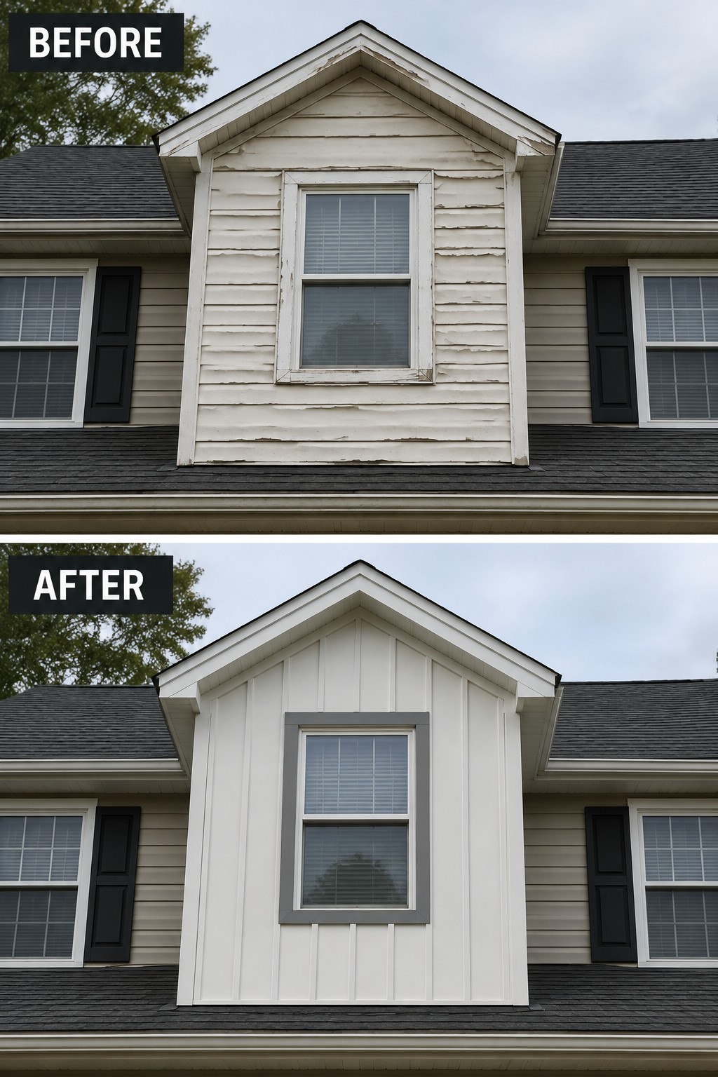 Before-and-after image of a house gable with peeling white siding updated to fresh siding and a gray frame around the central window.
