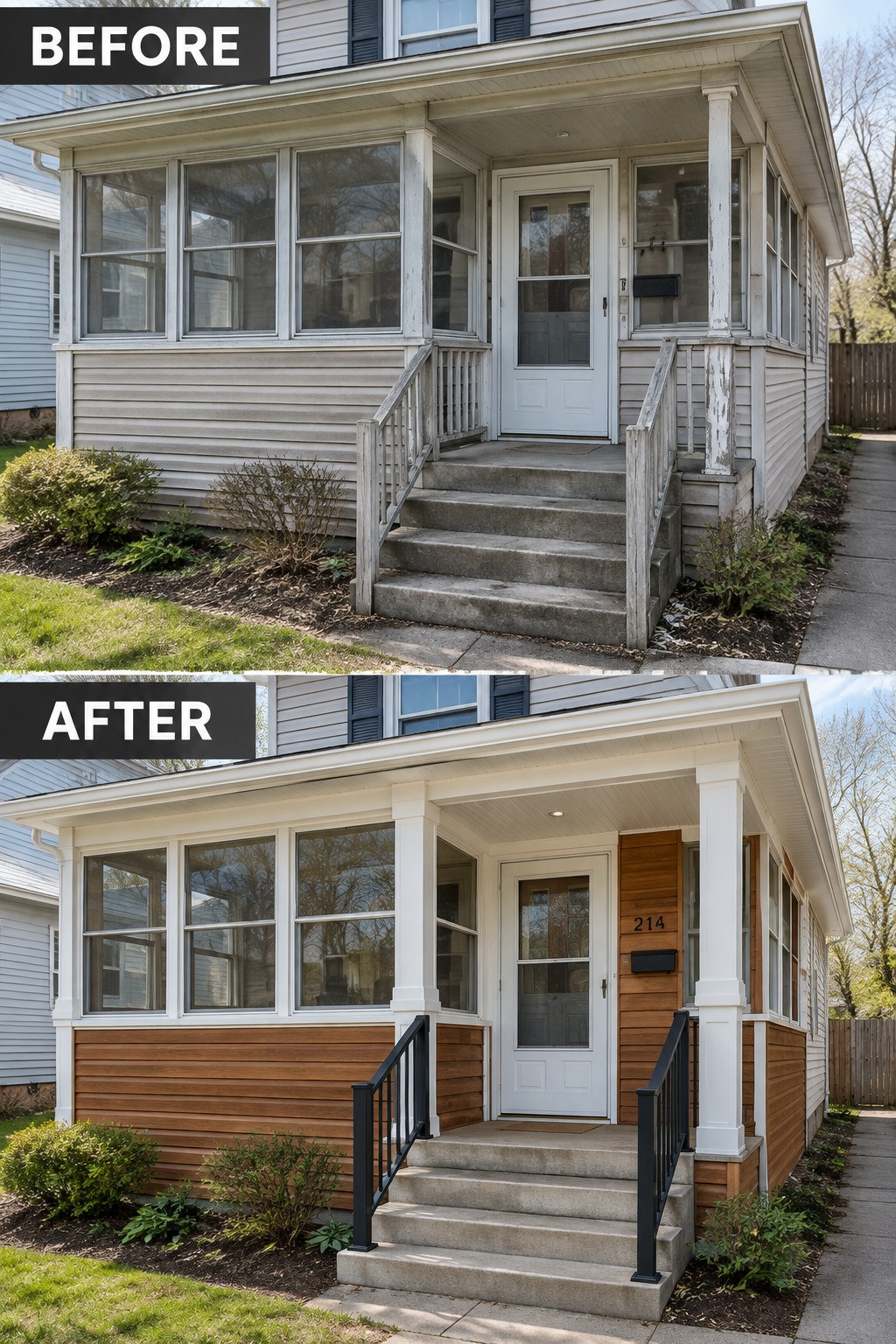 Before-and-after image of a house porch updated with brown siding panels on the lower walls, refreshed white trim, wood accents by the door, and black metal railings.