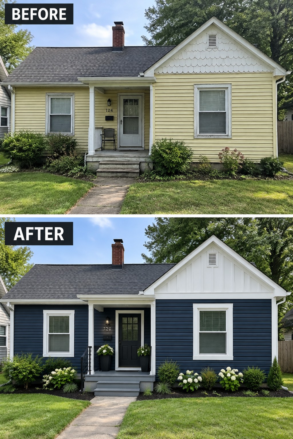 Before-and-after view of yellow house repainted navy blue with updated landscaping.