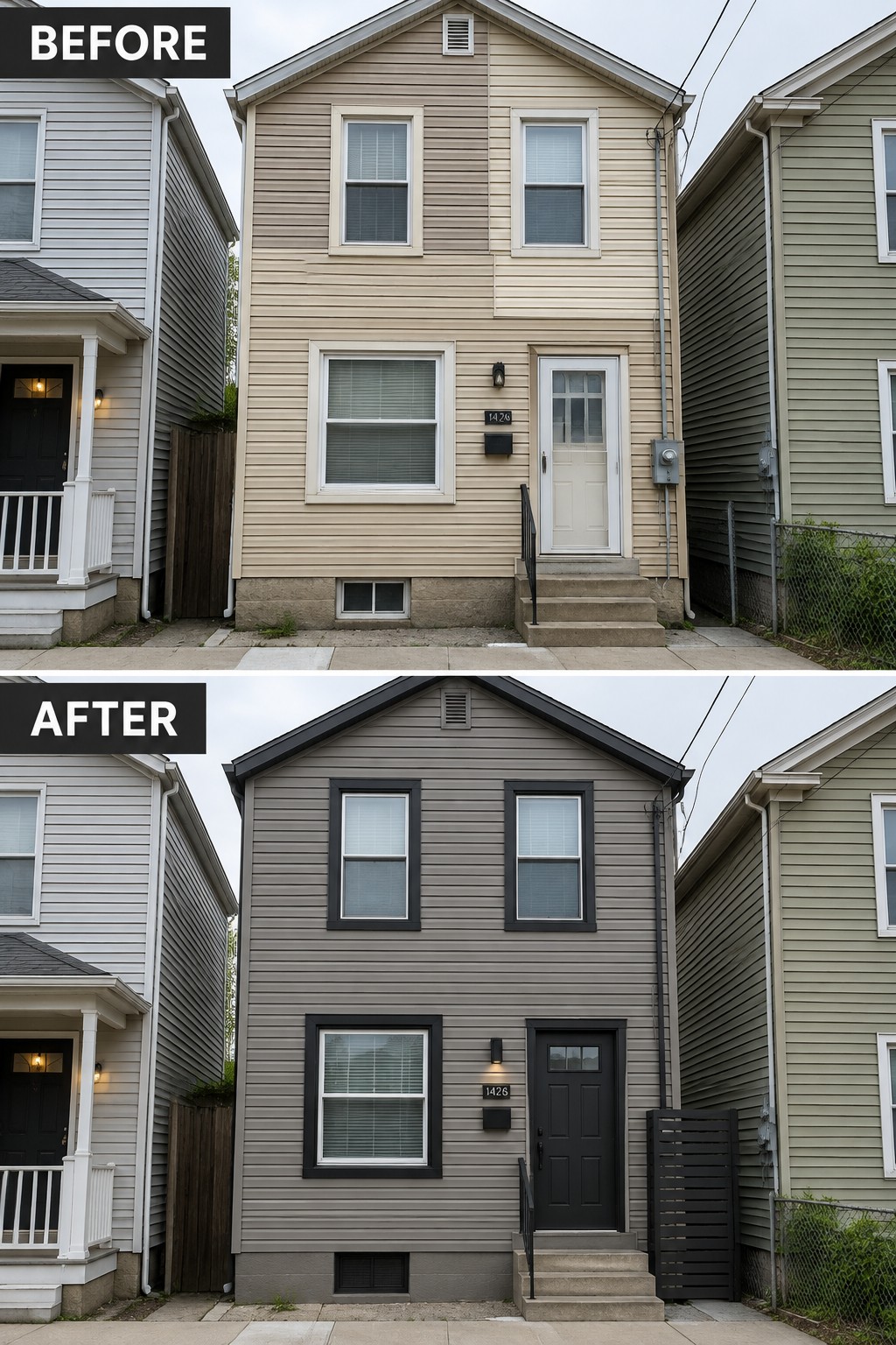 Before-and-after image of a house exterior showing beige vinyl siding changed to gray with black trim around the windows and a black front door.