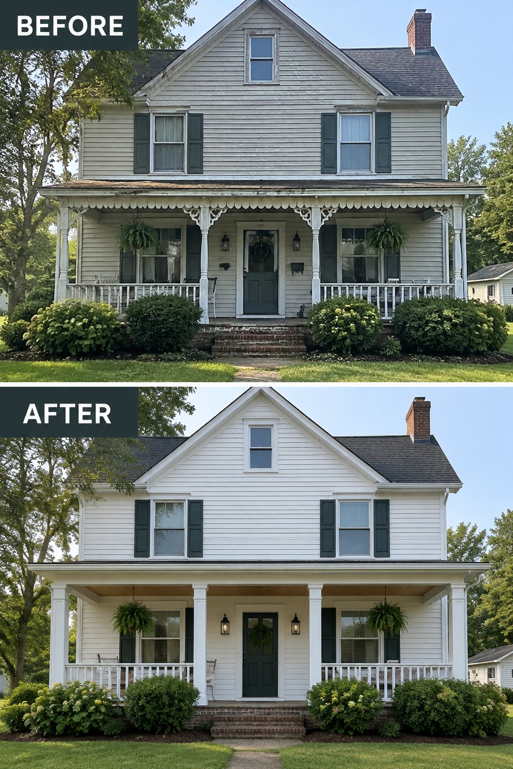 Before-and-after image of a house exterior showing weathered gray siding and an ornate porch updated with bright white siding and simplified porch trim.