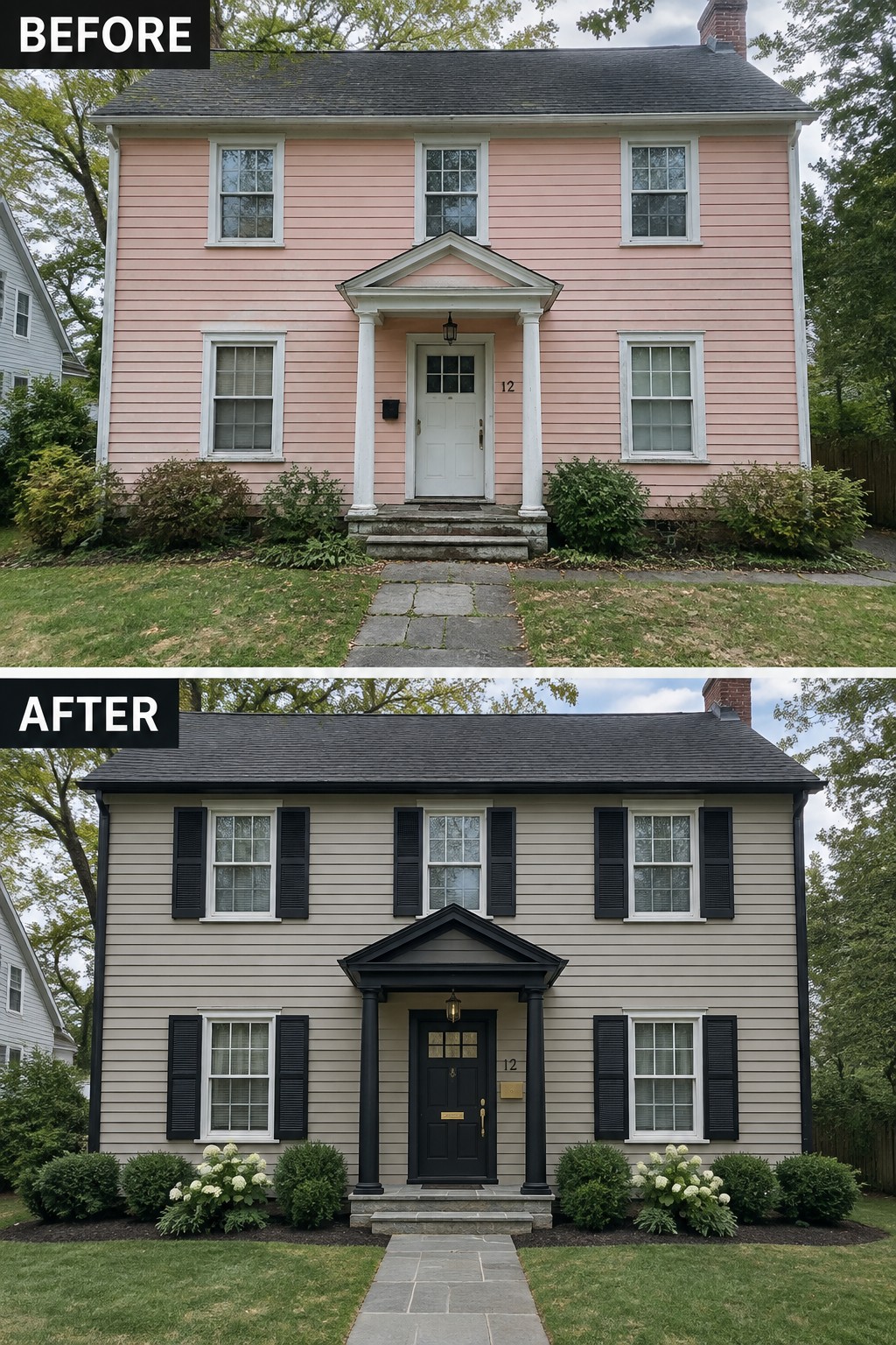 Before and after of pink two-story house repainted gray with black trim and door.