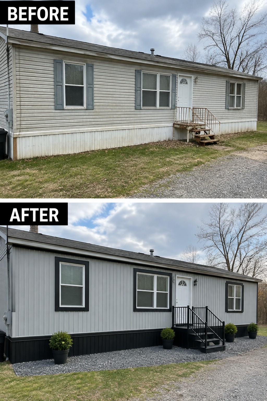 Before and after views of a gray house with new black trim, railings, and potted plants.