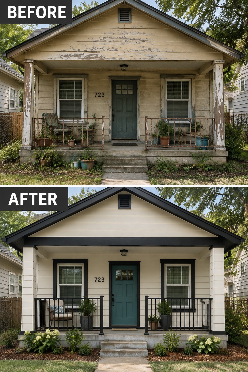 Before-and-after house exterior: peeling paint and rust versus fresh white siding with black trim.