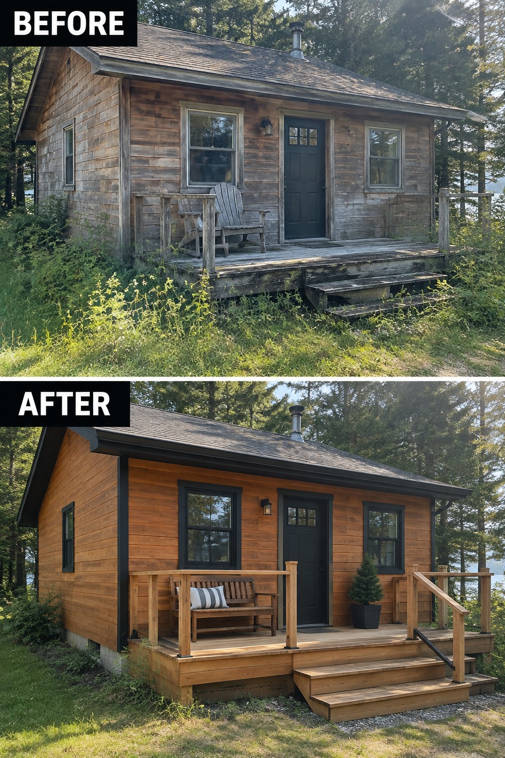 Before and after of weathered cabin renovated with fresh wood stain and new deck