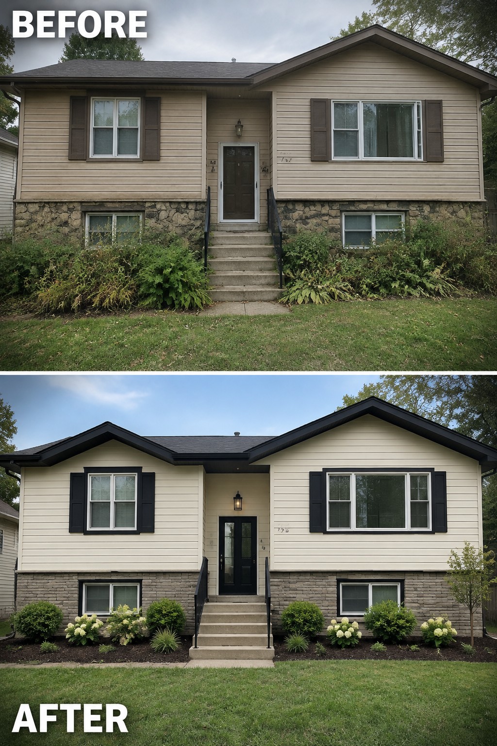 Before-and-after image of a house exterior with beige siding updated by changing brown trim, shutters, and door to black while adding defined garden beds.