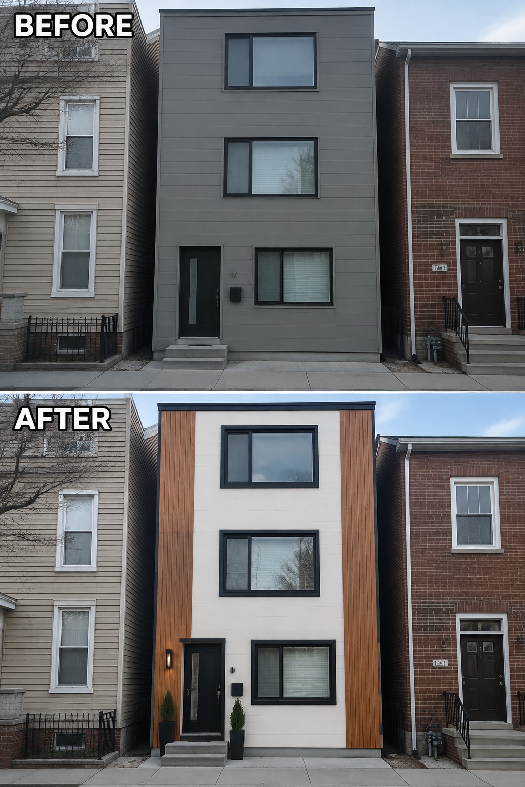 Before and after of a modern townhouse exterior renovated from gray to white with wood accents.