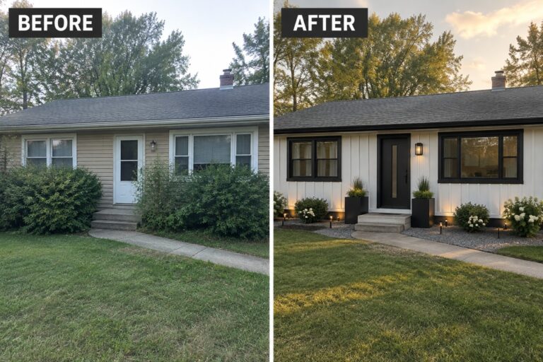22 Bold Siding Before and After Ideas Built Around Black Exterior Trim Before and after house exterior with white siding, black windows and updated landscaping