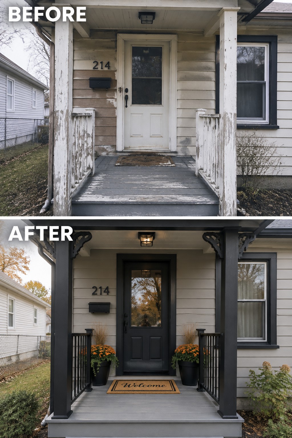 Before and after of a front porch repainted black with new railings and flowers