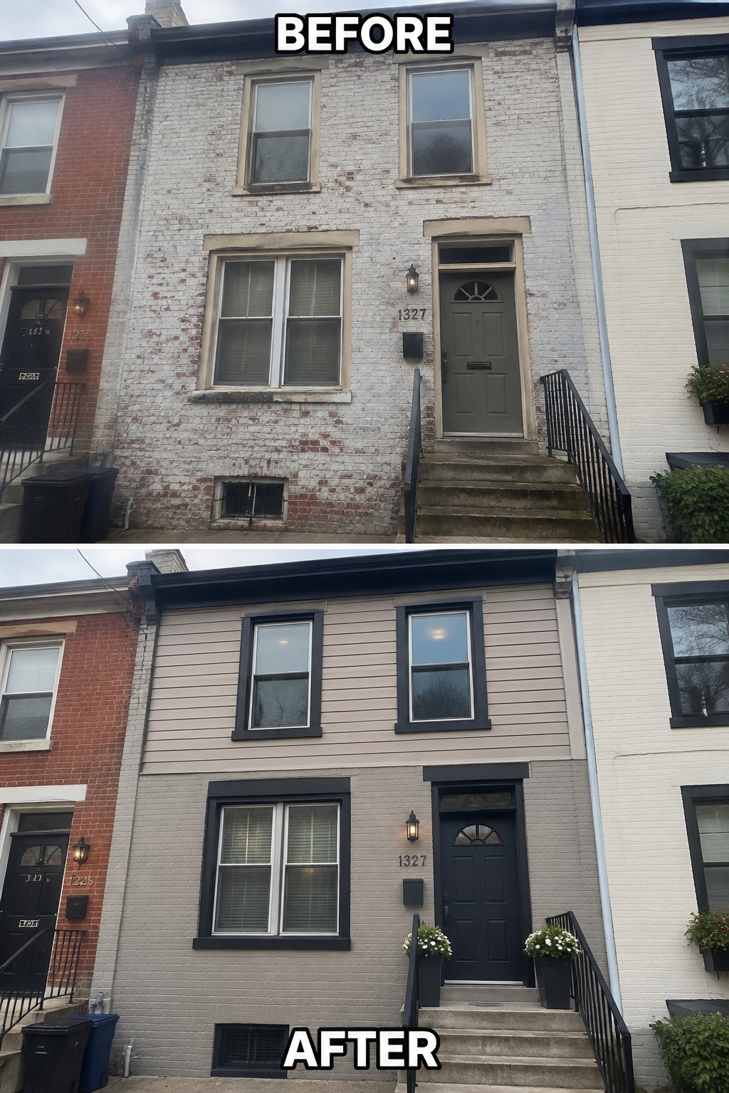 Before and after photos of a row house renovated with gray siding and black trim
