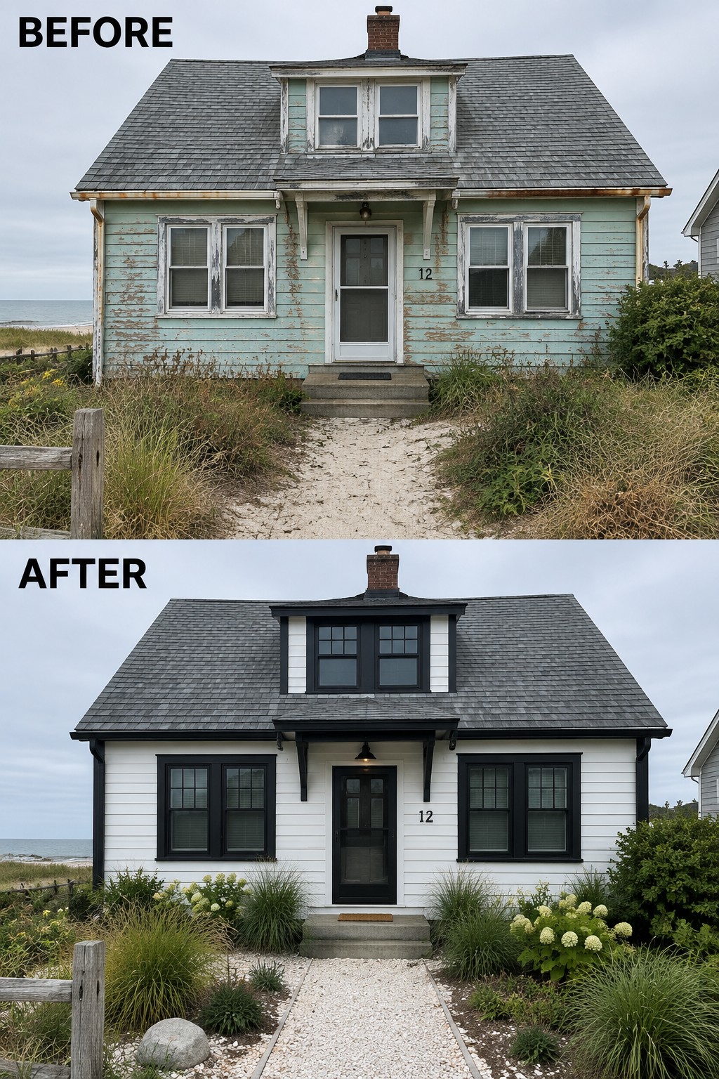Before-and-after image of a weathered beach house with peeling light green siding updated to white paint and black exterior trim.