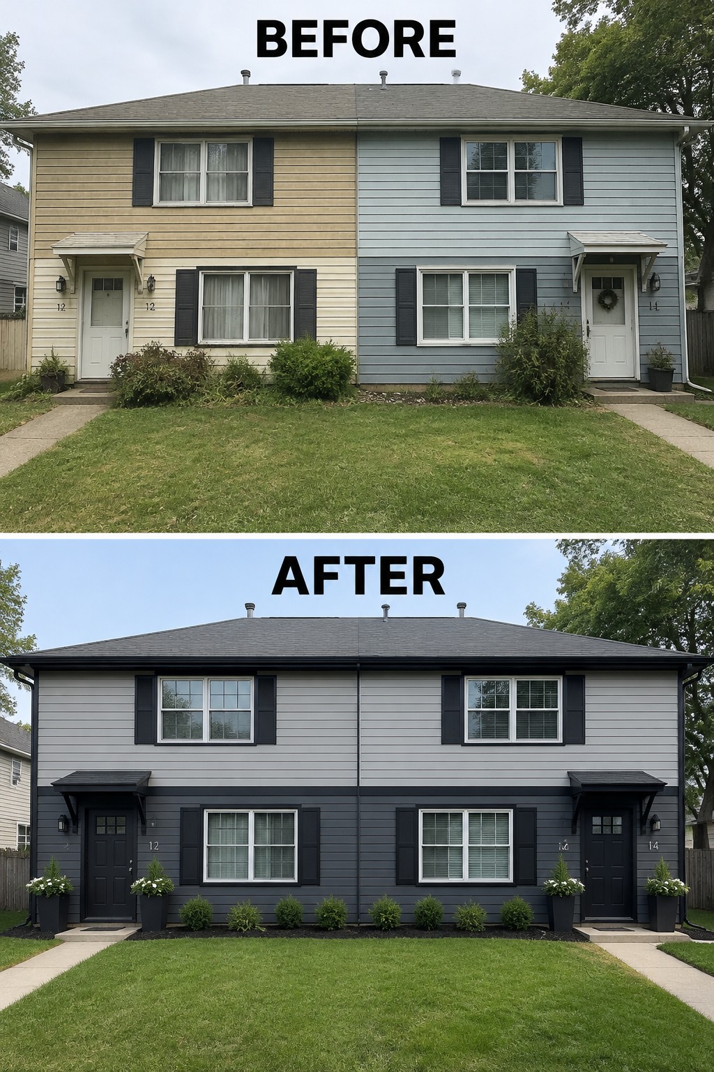 Before-and-after image of a two-story house with mismatched beige and blue siding changed to uniform gray siding with black trim and doors.
