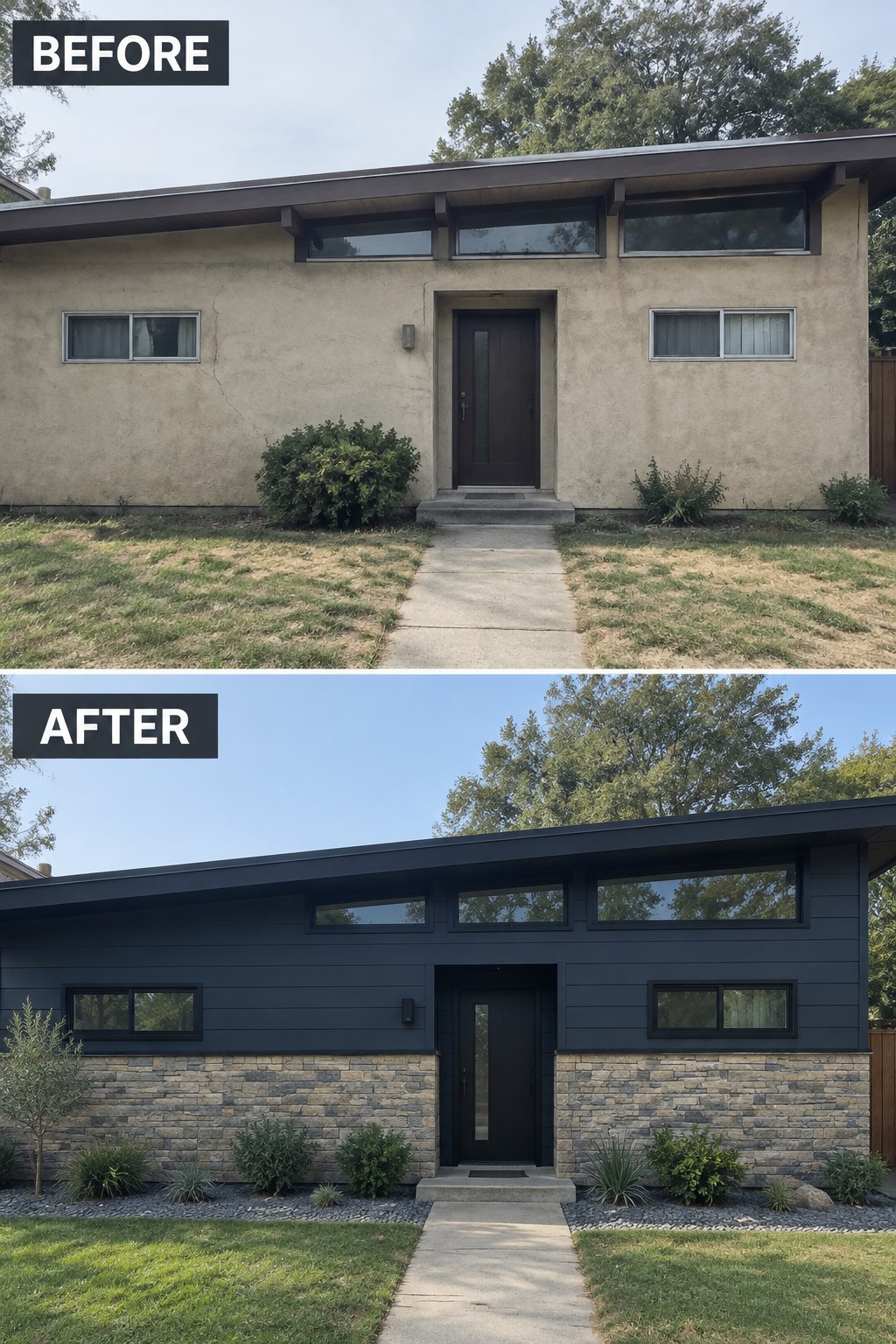 Before and after of house repainted dark gray with stone base and updated landscaping