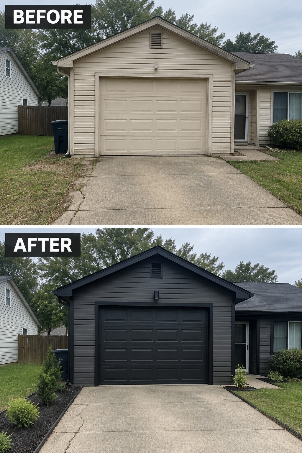 Before and after of beige house garage repainted black with updated landscaping