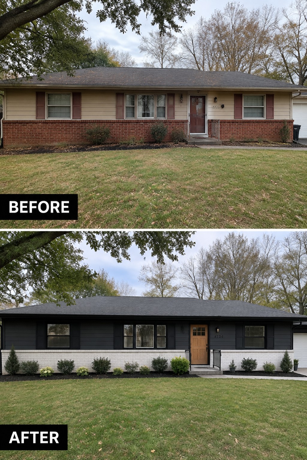 Before and after views of a ranch home with dark siding and updated landscaping.