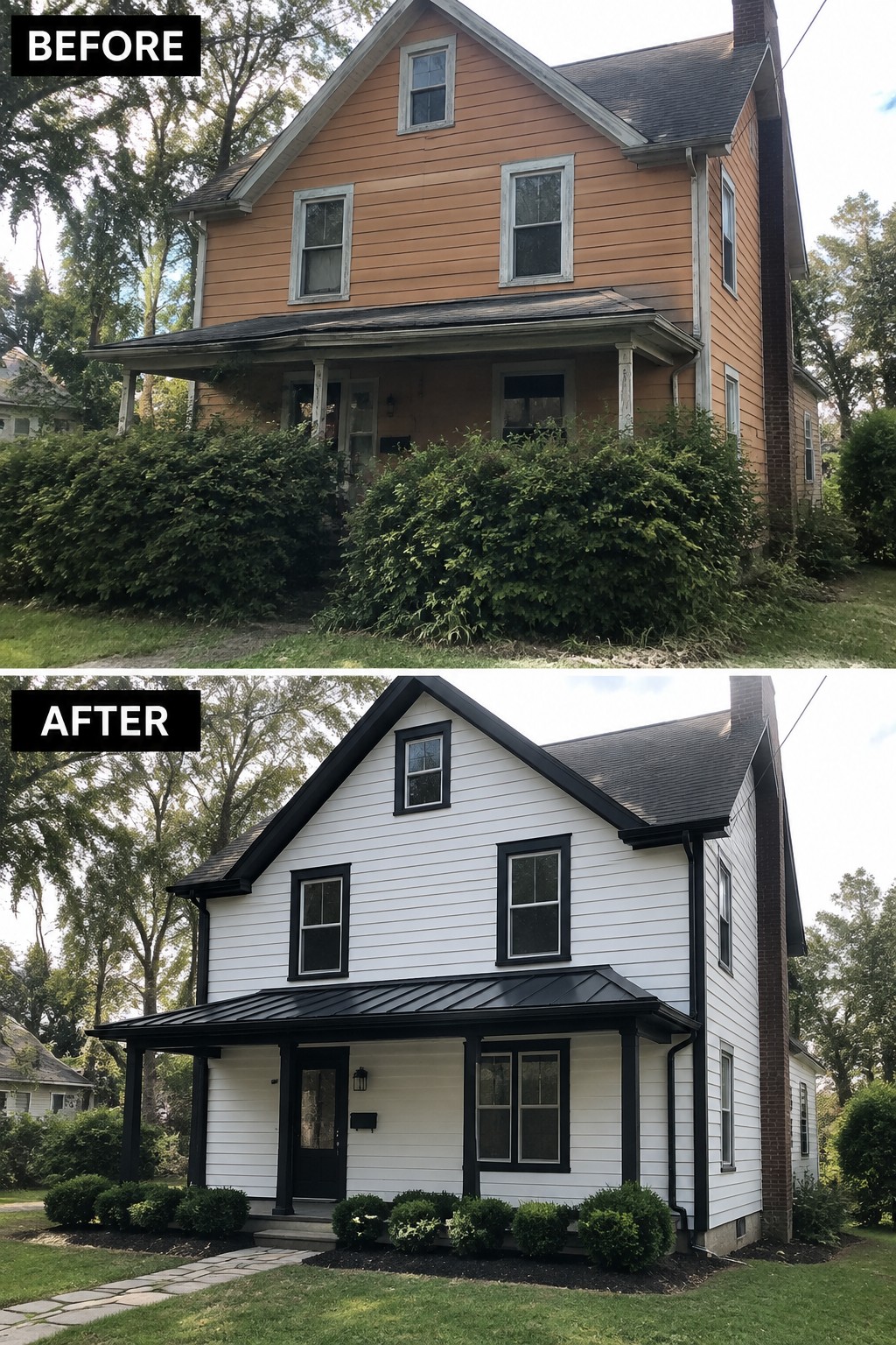 Before and after house exterior: orange siding with overgrown bushes to white with black trim.
