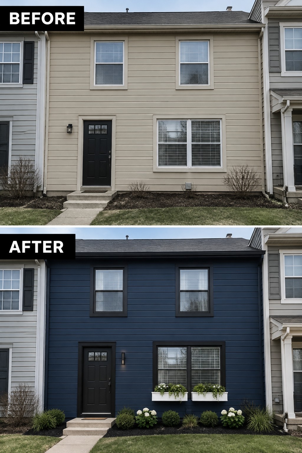 Two-story house before beige siding and after navy blue with flower boxes.