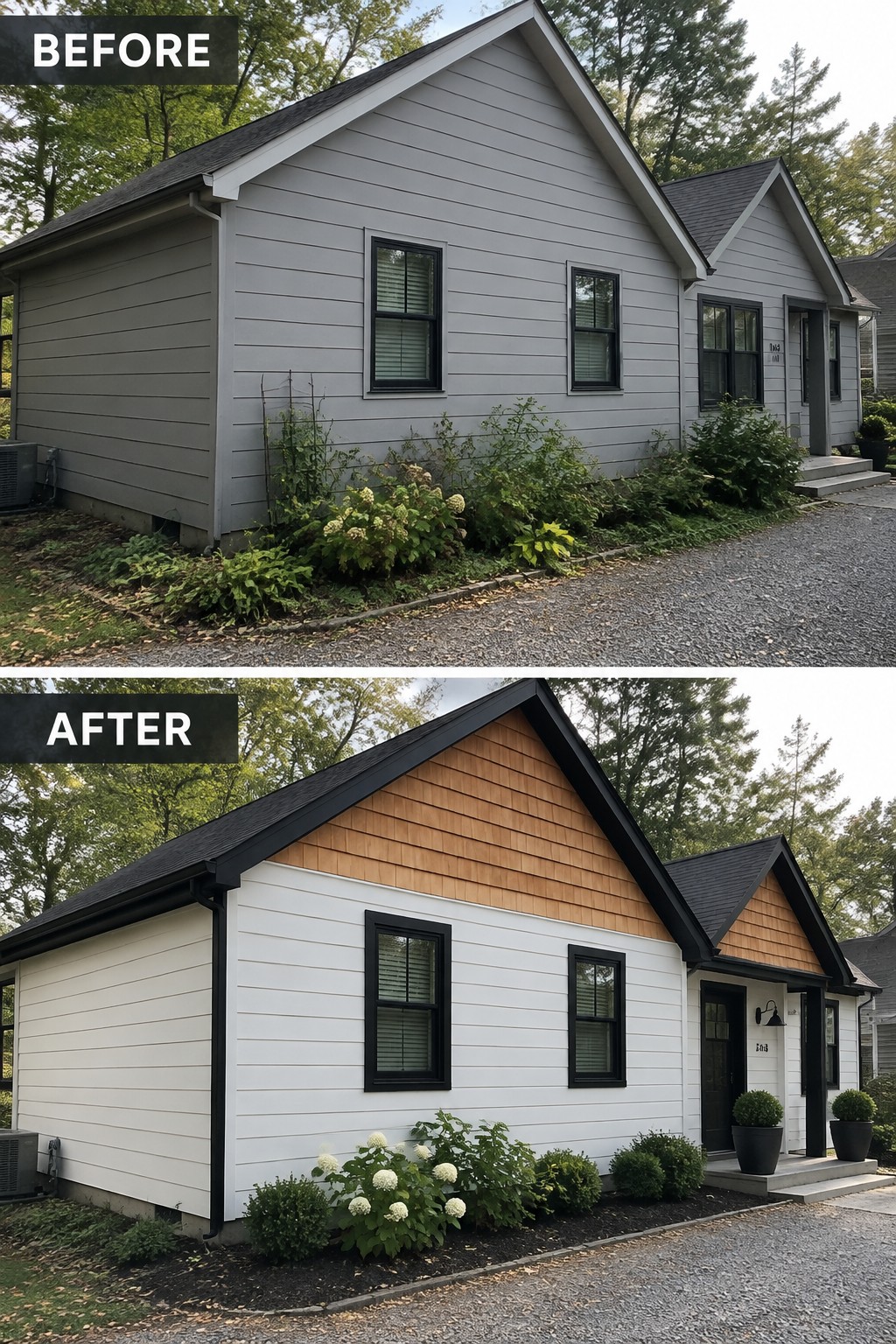 Before-and-after house exterior: gray siding repainted white with black trim and fresh landscaping.