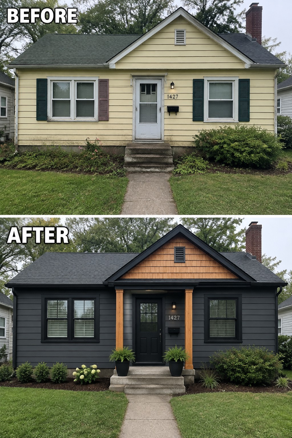 Before-and-after image of a yellow house exterior with mismatched shutters changed to dark gray siding with black trim and wood accents on the gable and porch posts.