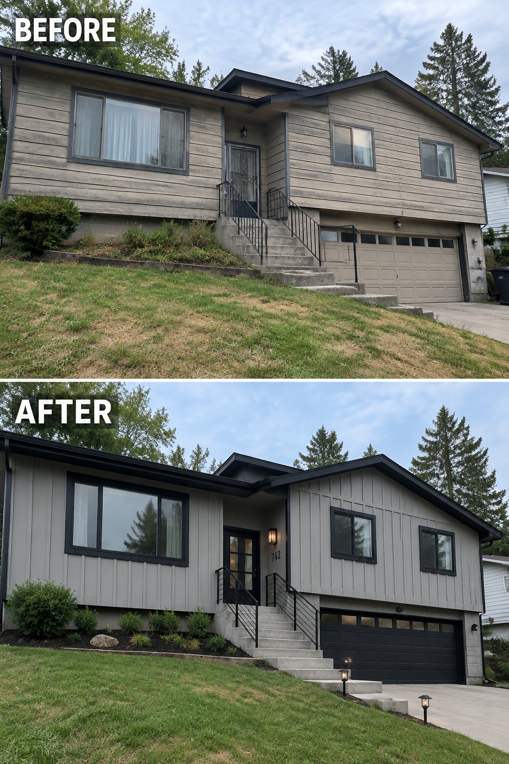 Before and after views of a two-story house with new gray siding and black trim.