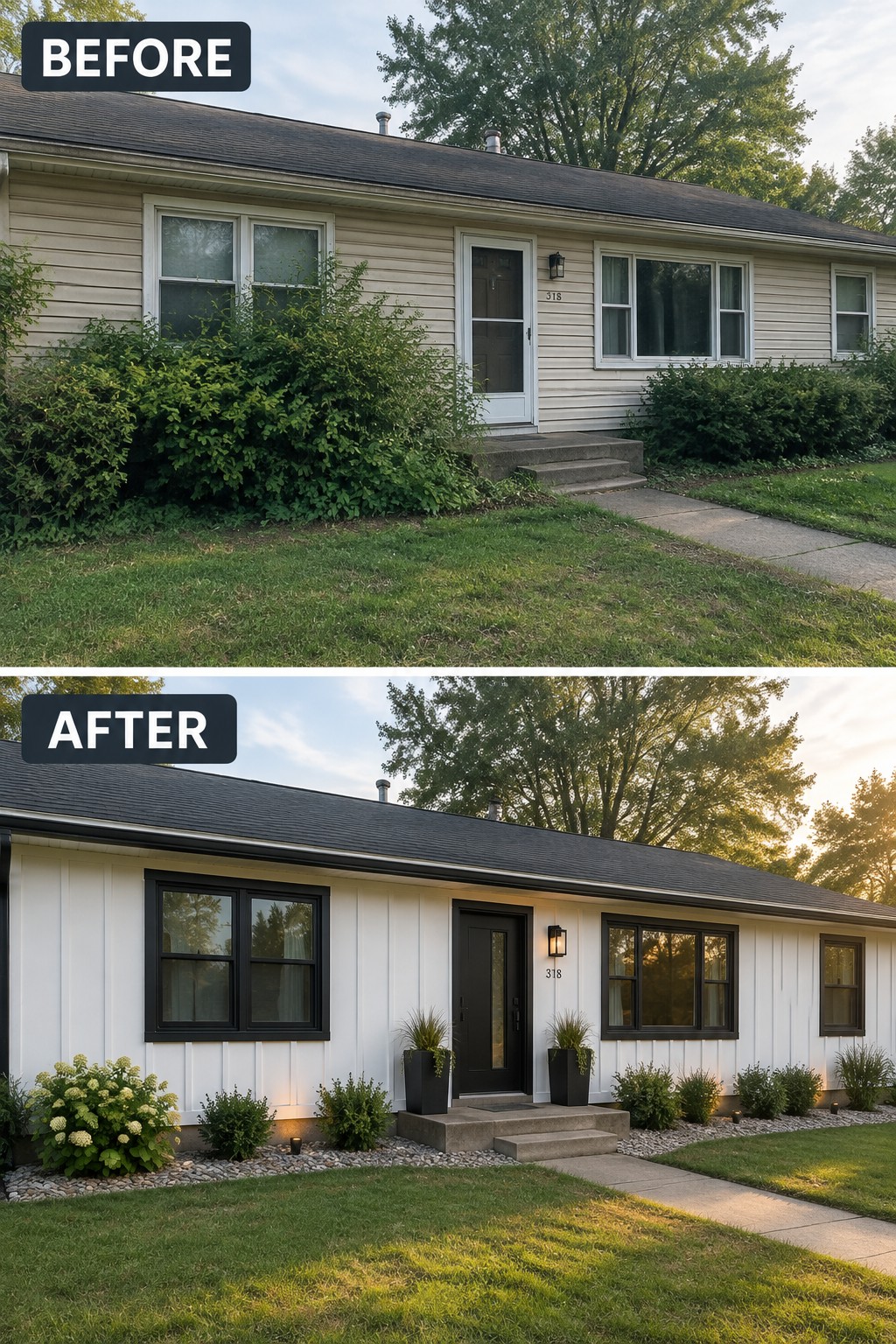 Before and after house exterior with white siding, black windows and updated landscaping