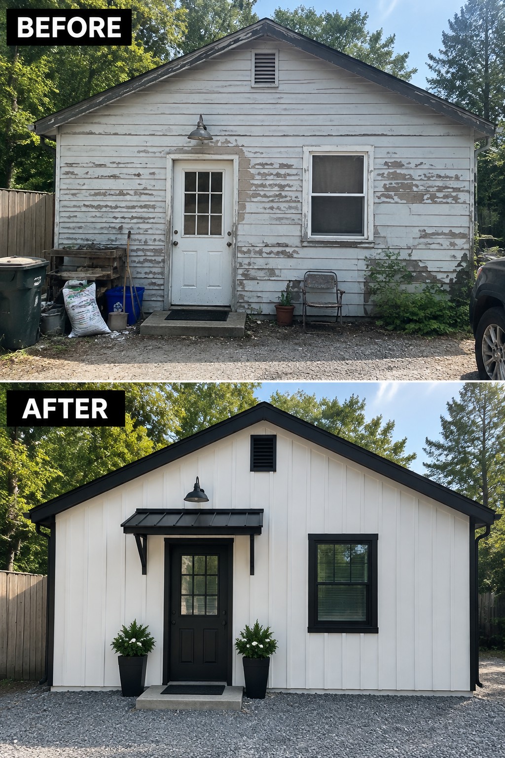 Before-and-after view of white house with peeling paint, then black-trimmed renovation and plants