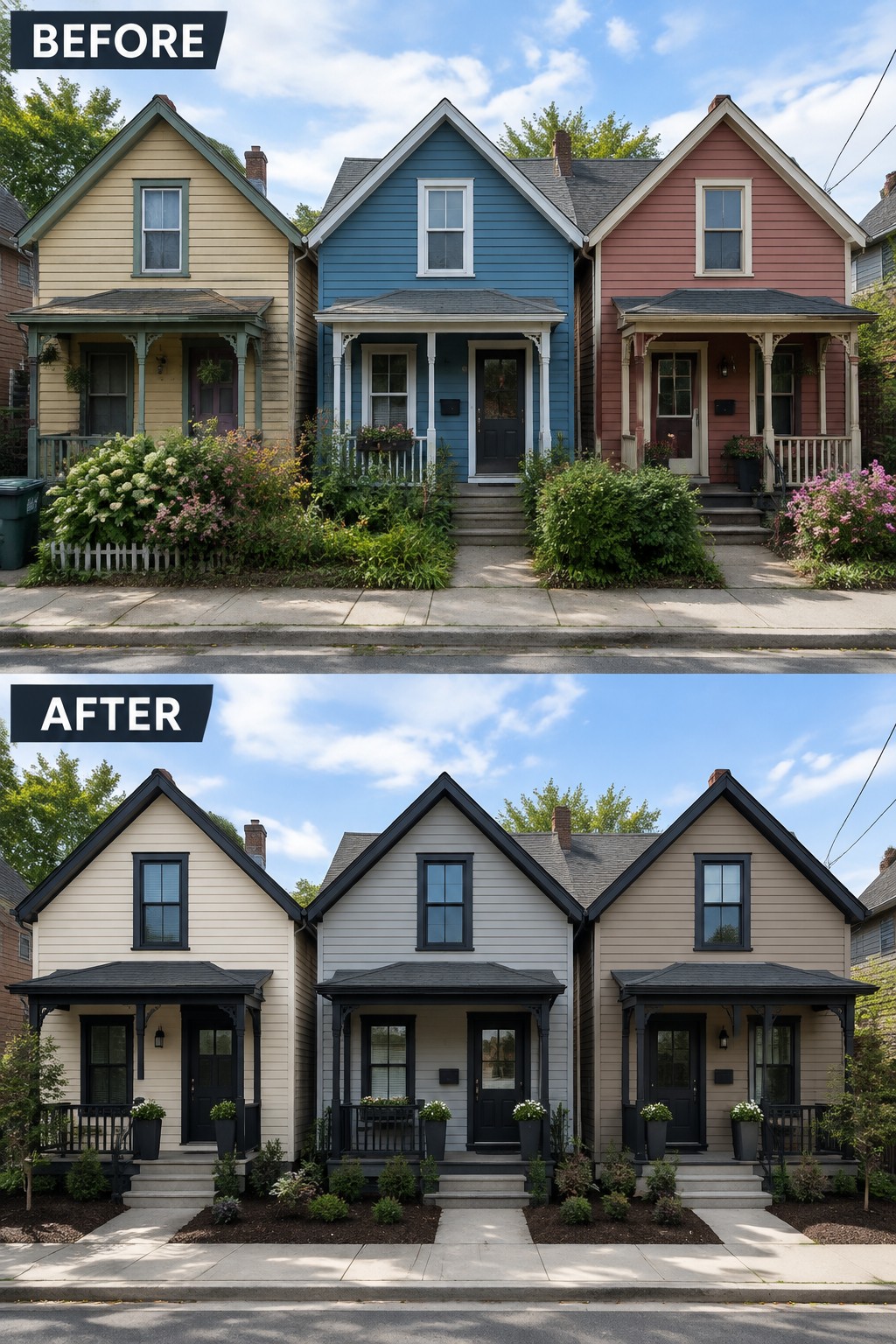 Three houses before vibrant colors and after neutral paint with updated landscaping.