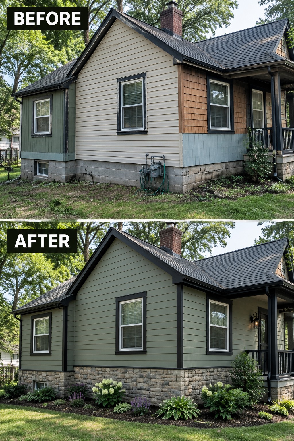 Before-and-after house exterior: beige siding replaced by green with stone foundation and new landscaping.