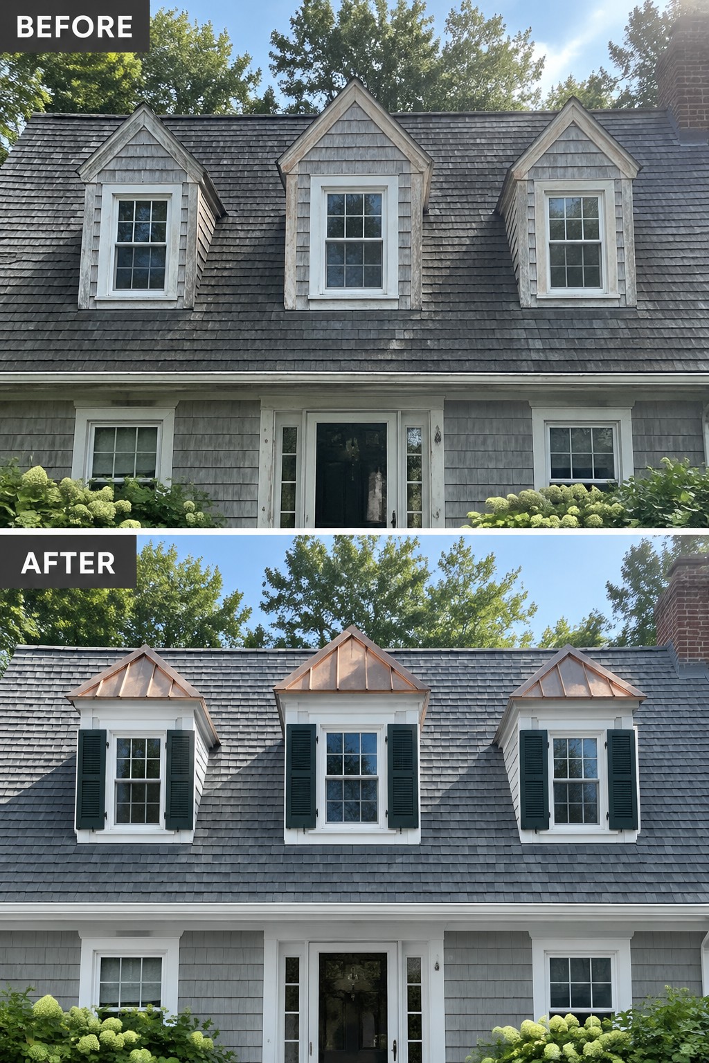 House before and after with copper dormer roofs and green shutters added.