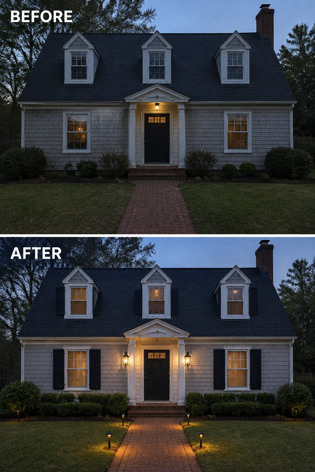 Before and after of gray house with added black shutters and path lighting