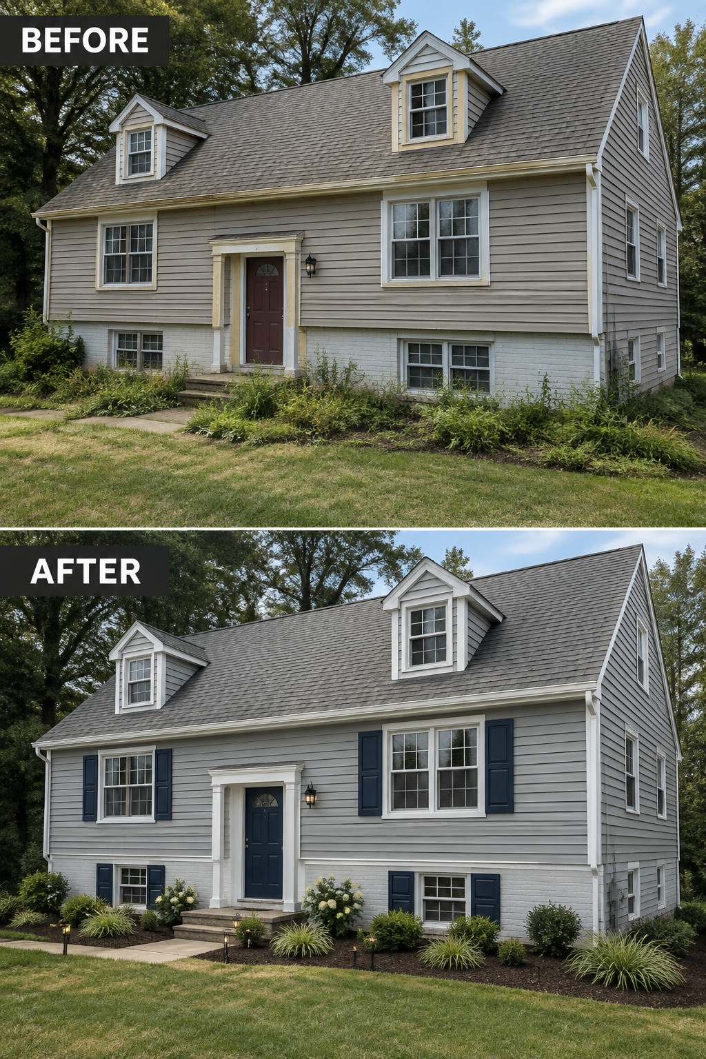Before-and-after image of a Cape Cod house exterior updated with navy shutters on the windows, a matching front door, and cleaned-up landscaping with new plantings.