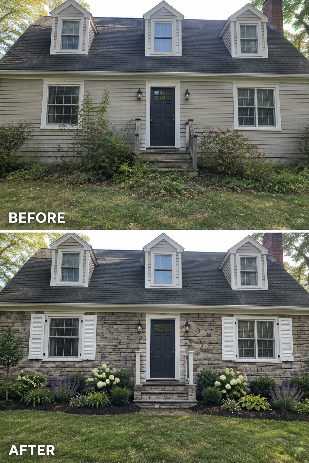 House before and after renovation with stone facade, shutters, and landscaping.