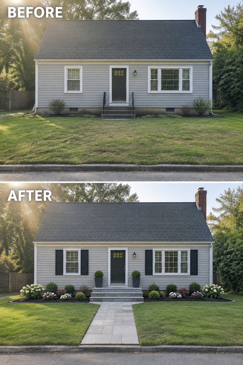 Before-and-after image of a Cape Cod house exterior updated with black shutters, new garden beds, and a stone walkway.
