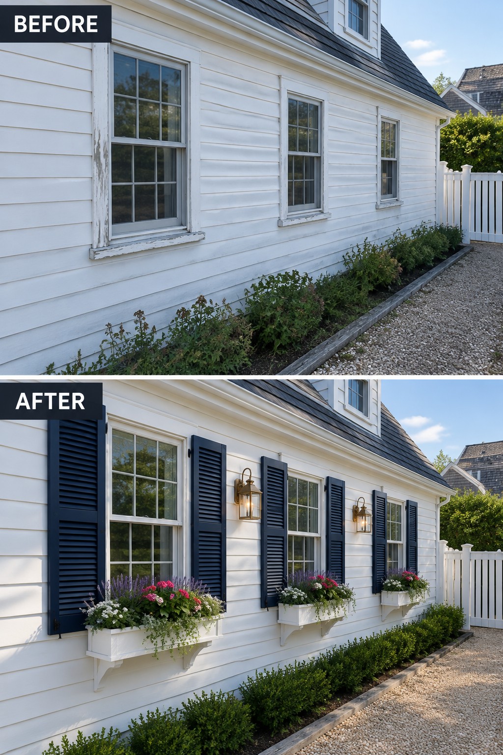 Before-and-after image of a white Cape Cod house exterior updated with dark blue shutters, white window boxes, and exterior sconces.