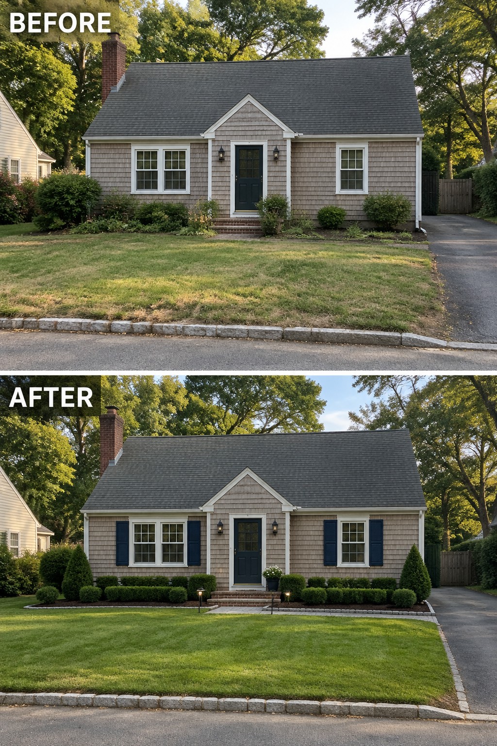 Before and after of house with new landscaping, shutters and garden lights