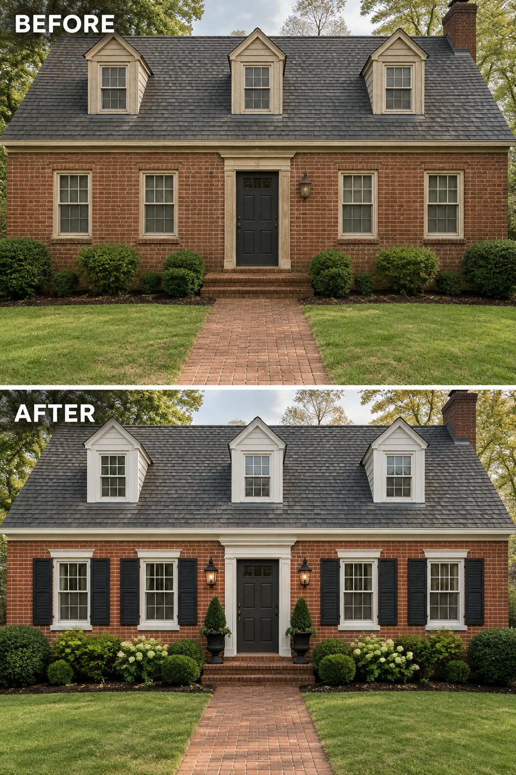 Before-and-after image of a brick Cape Cod house with windows updated by adding black shutters and landscaping refreshed with new plants and planters.