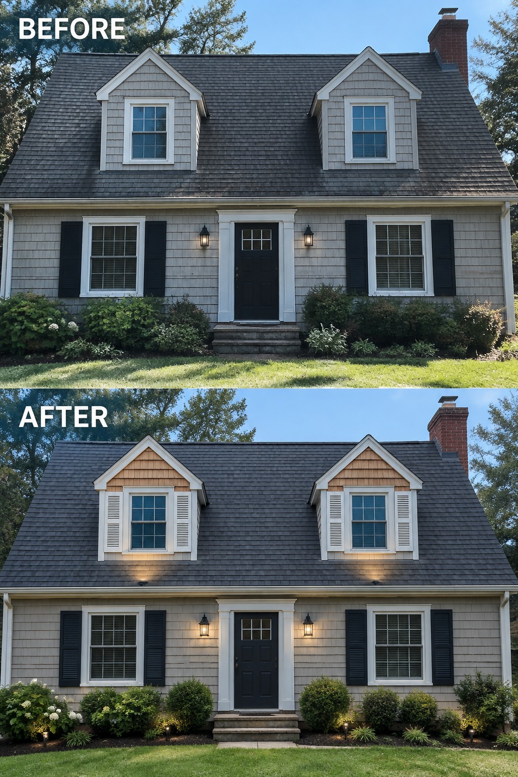 Before and after views of renovated gray house with new dormer shutters and landscape lighting