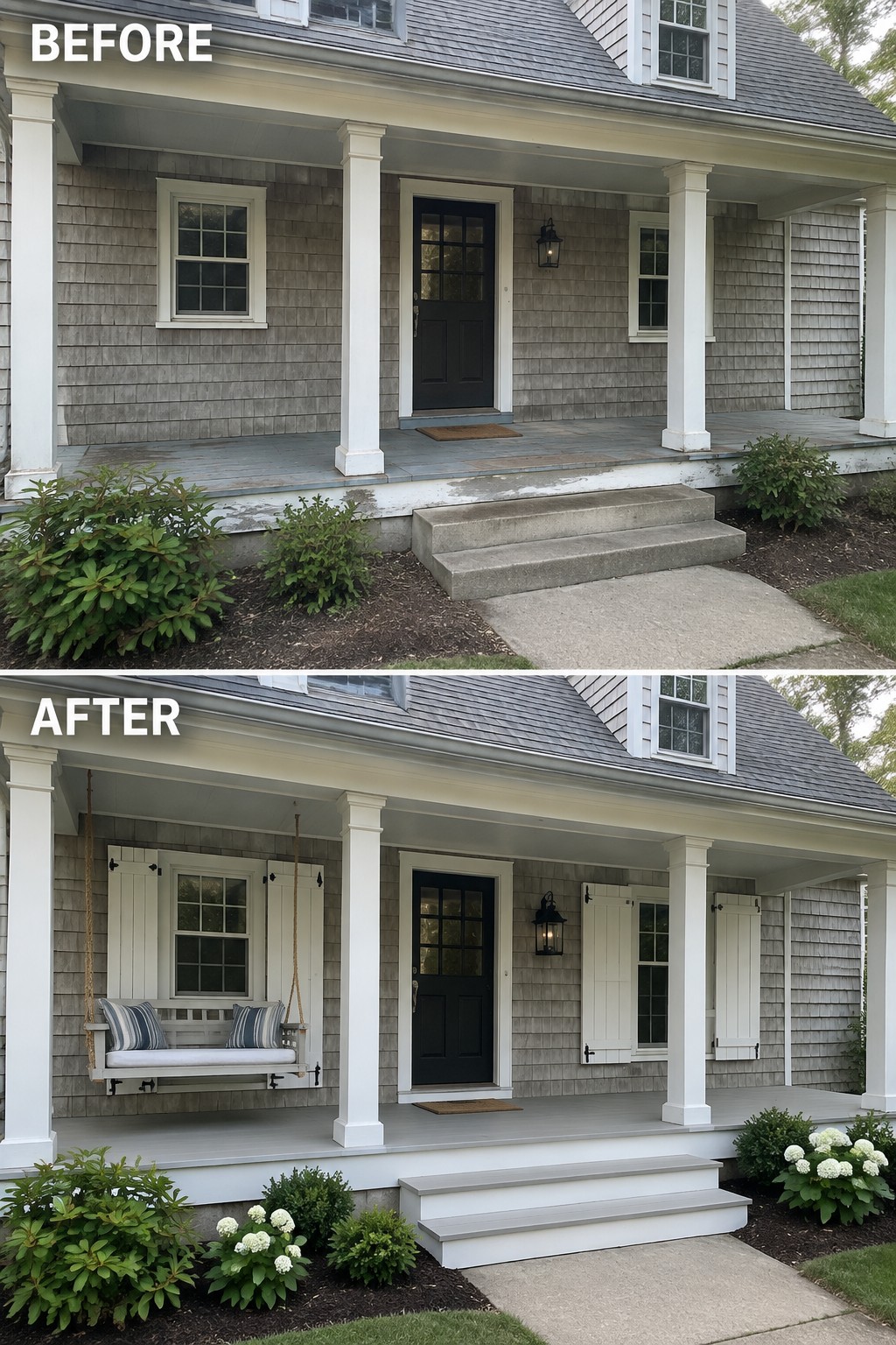 Before-and-after image of a Cape Cod home exterior with white shutters added to the windows beside the front door.