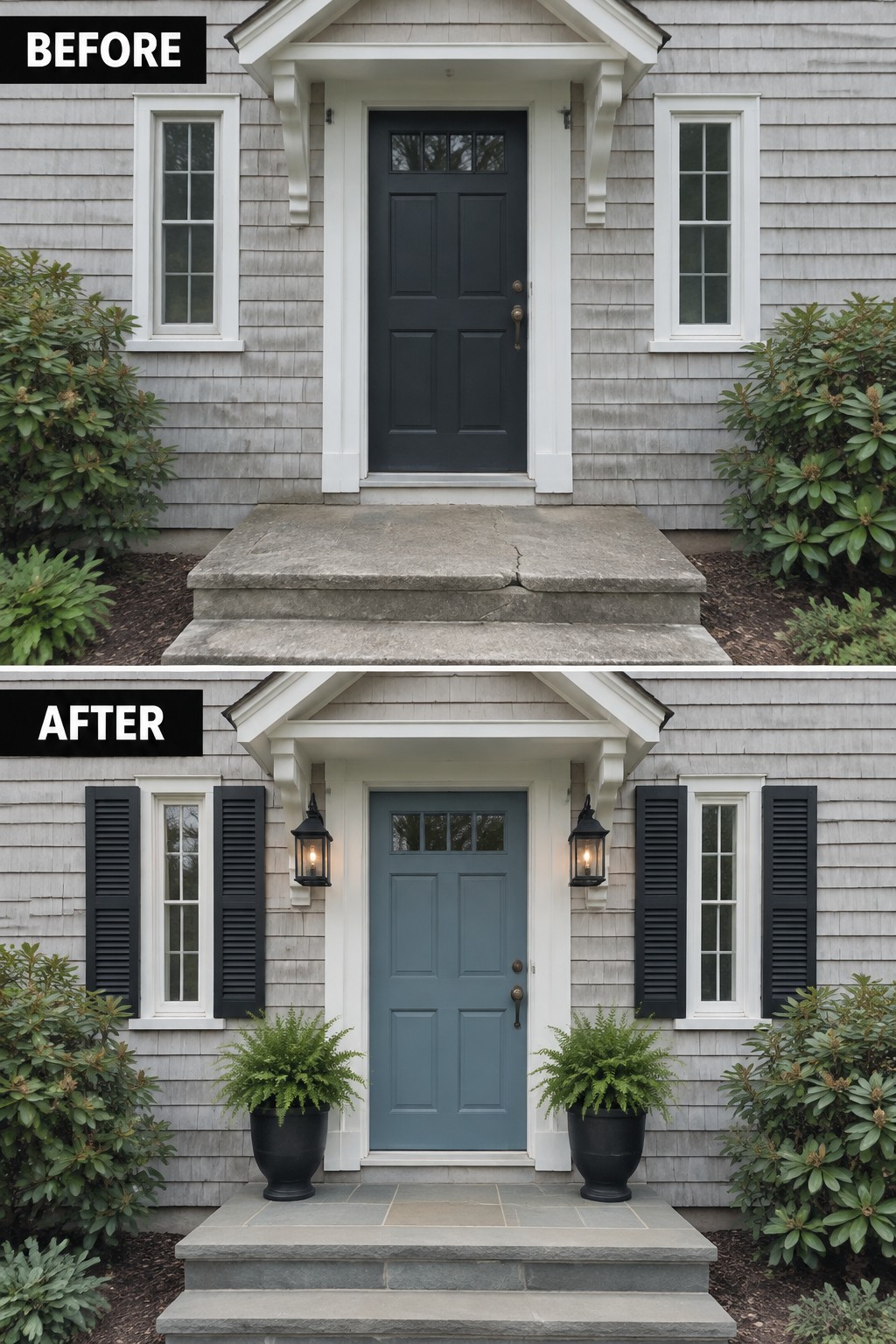 Before-and-after house entry with blue door, black shutters, lanterns and potted ferns