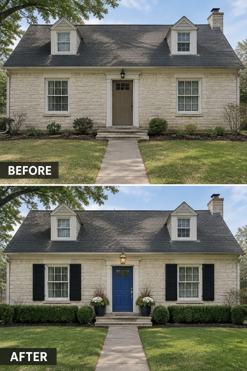 Before-and-after views of stone house with new blue door, black shutters, and landscaping.