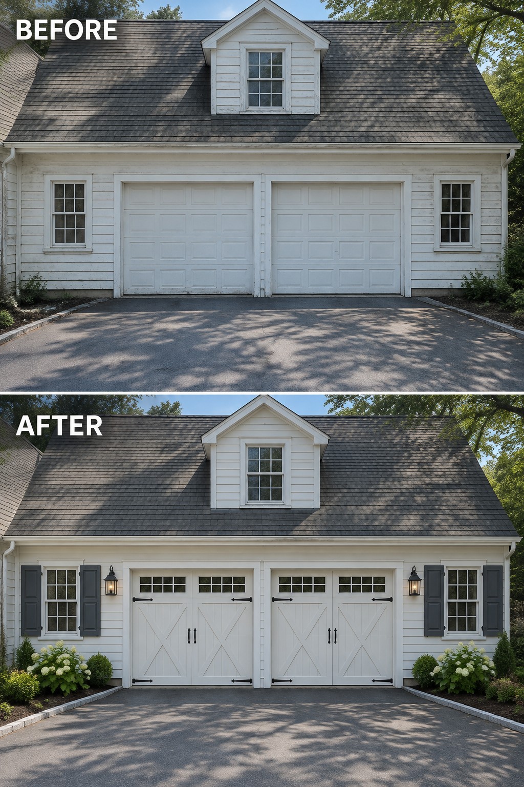 Before and after of white garage with new carriage doors, shutters and landscaping
