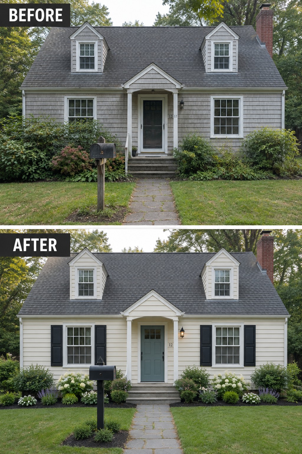 Before-and-after image of a Cape Cod style house changed from gray siding with no shutters to white siding with black shutters and a teal front door.
