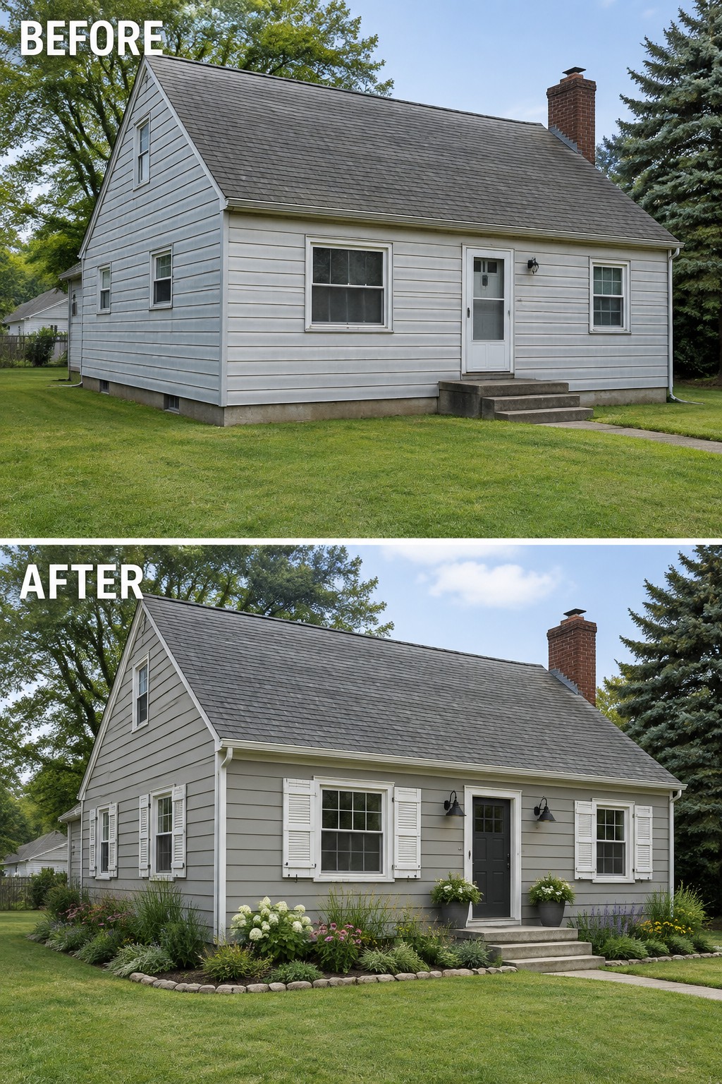 Before and after views of a house with updated paint, shutters, door, and garden landscaping