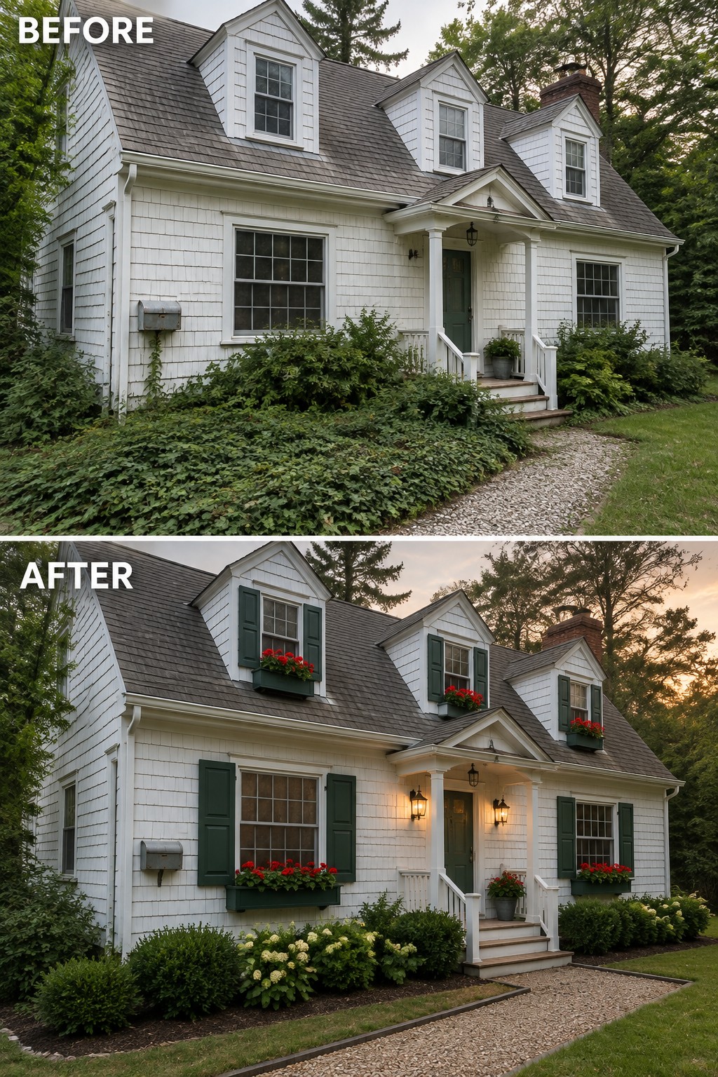 Before and after of white house with green shutters, flower boxes, and landscaping.