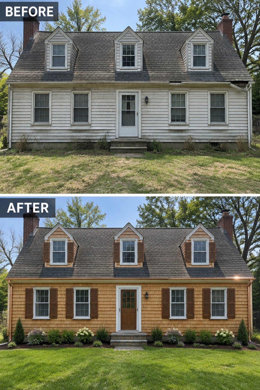 Before-and-after image of a Cape Cod style house exterior updated with new wood siding, traditional brown shutters on all windows, and a brown front door.