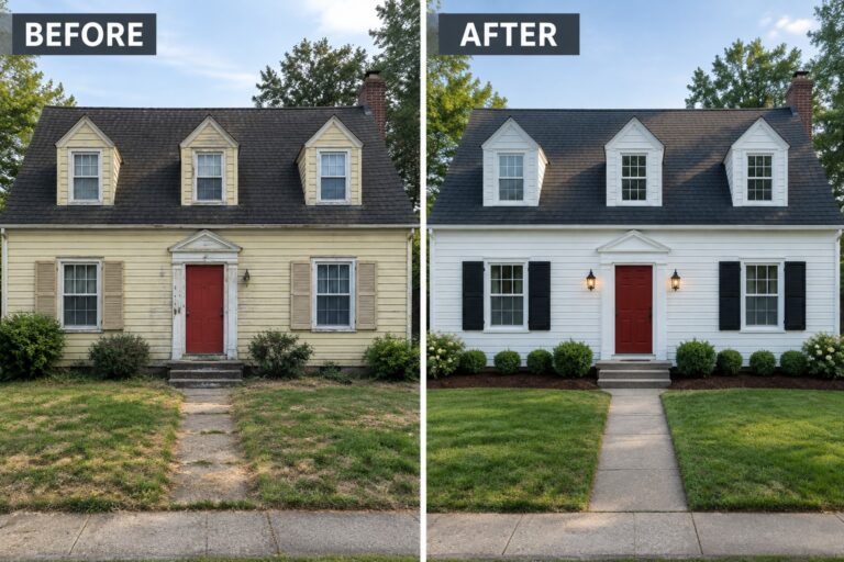 23 Classic Cape Cod Exterior Remodel Ideas With Traditional Shutters Before-and-after image of a Cape Cod house exterior changed from yellow with beige shutters to white with black shutters and cleaned-up landscaping.